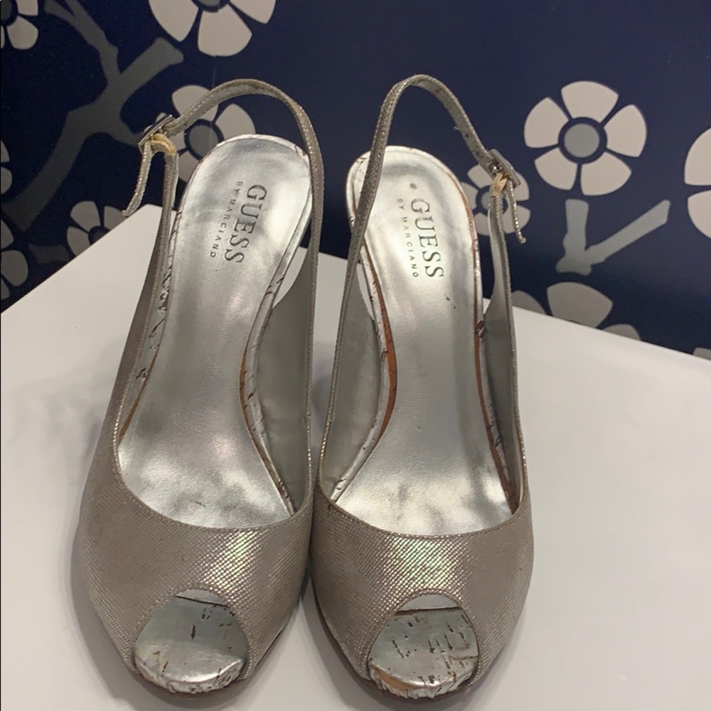 Guess silver Linen and cork platform sling-backs